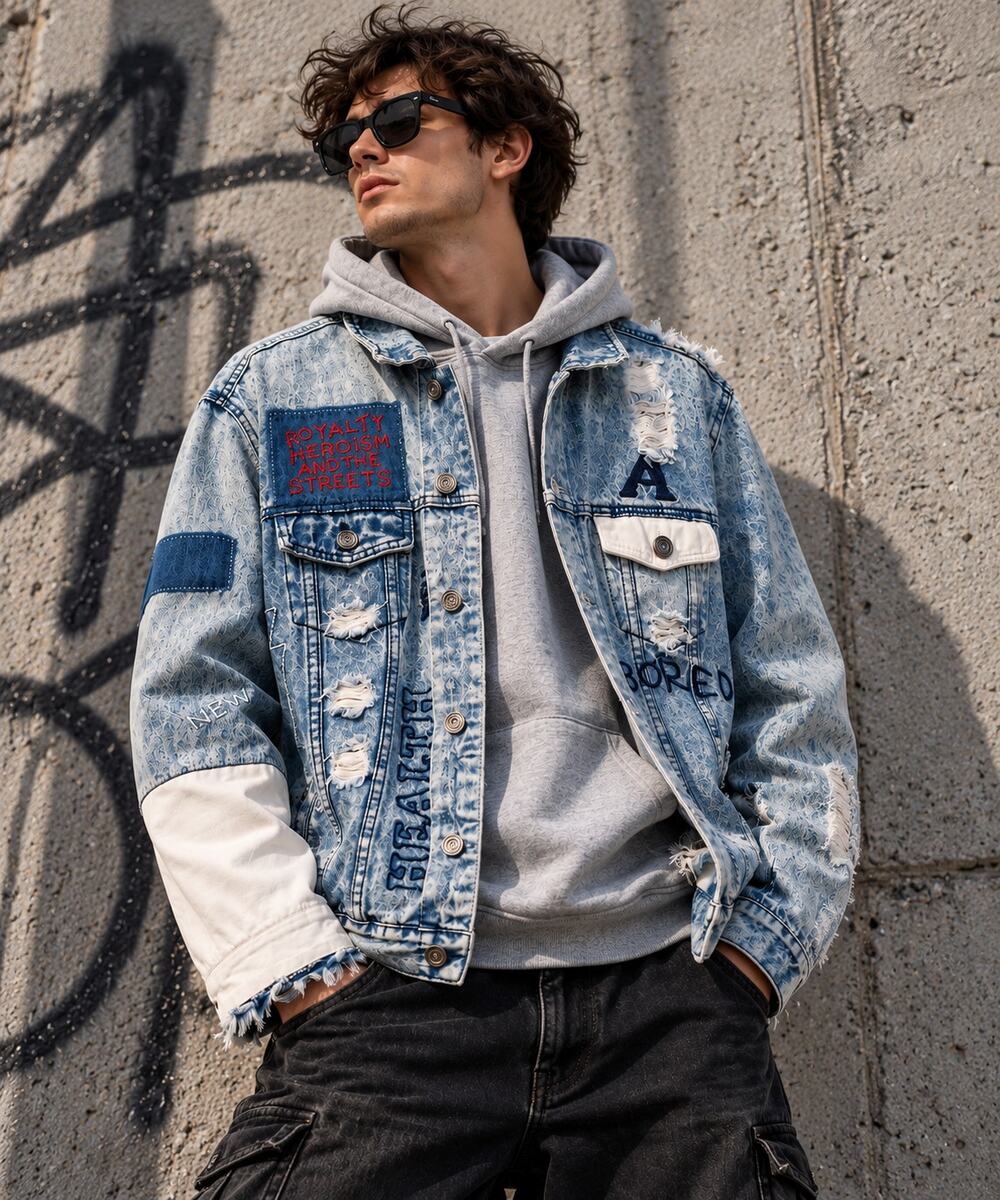 DNM Collection Denim Jacket M Y2K Grunge Punk Distressed Embroidered Streetwear